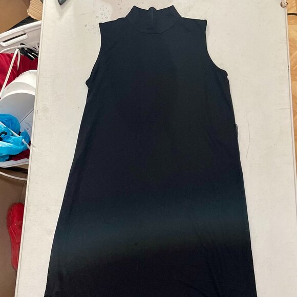 Anne Klein Black Sleeveless Mock Neck Dress Faux Leather Trim - Size S - Picture 1 of 16